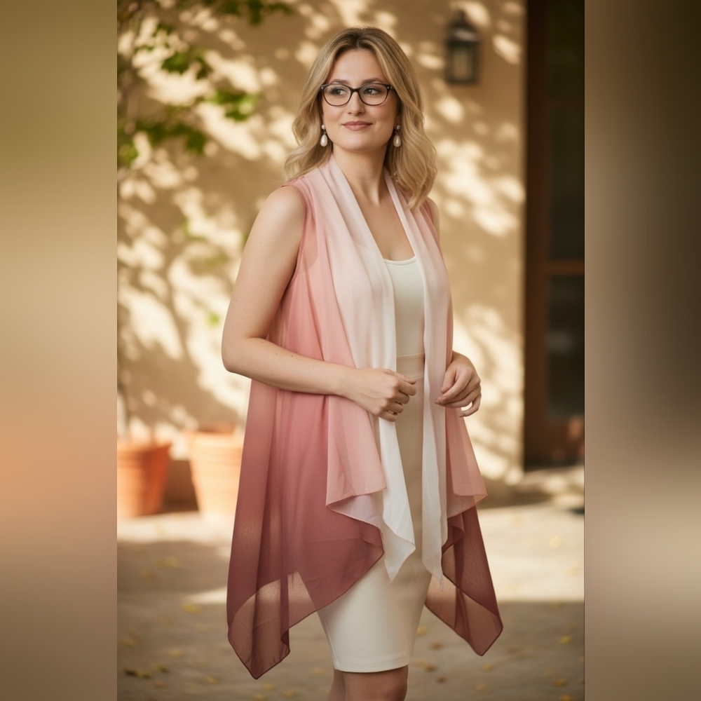 Lemoda Sheer Chiffon One size Open Front Sleeveless Overaly Ombre Wrap PINK Mauv